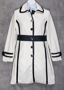 Trench Car Coat Petite 6P White Black Trim Office Siren Mod Career Jacket